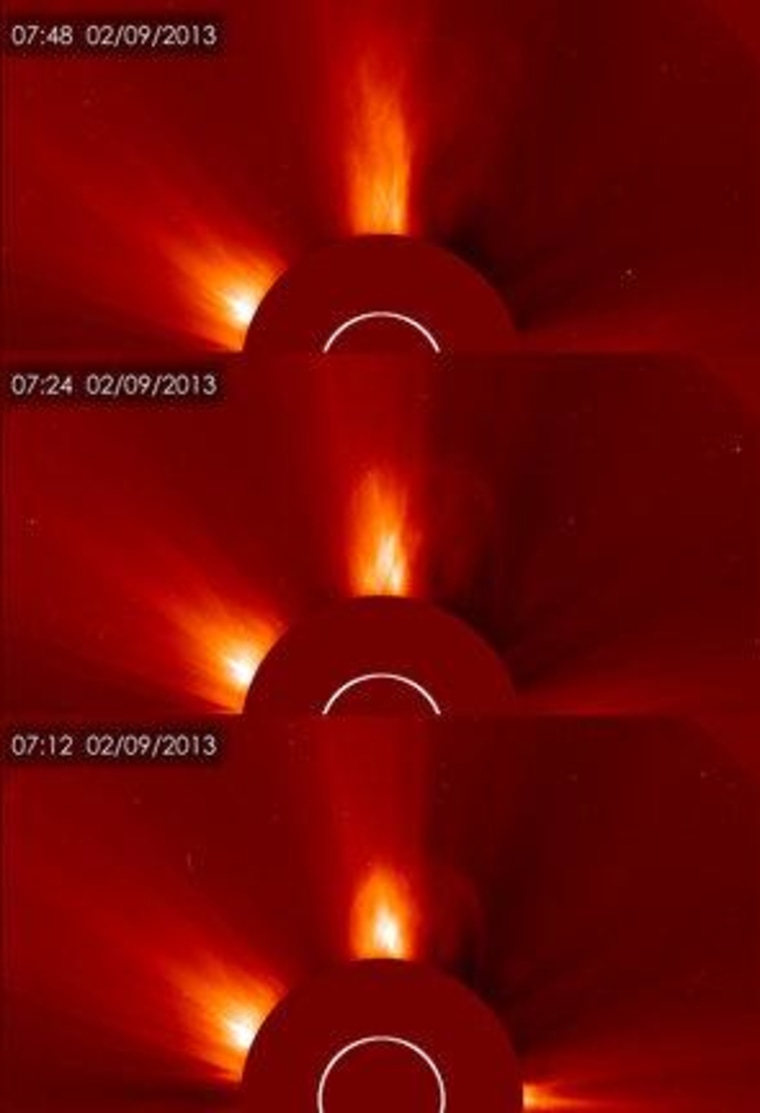 Three views over time of the coronal mass ejection released by the sun on Feb. 9, 2013 as seen by the Solar and Heliospheric Observatory.