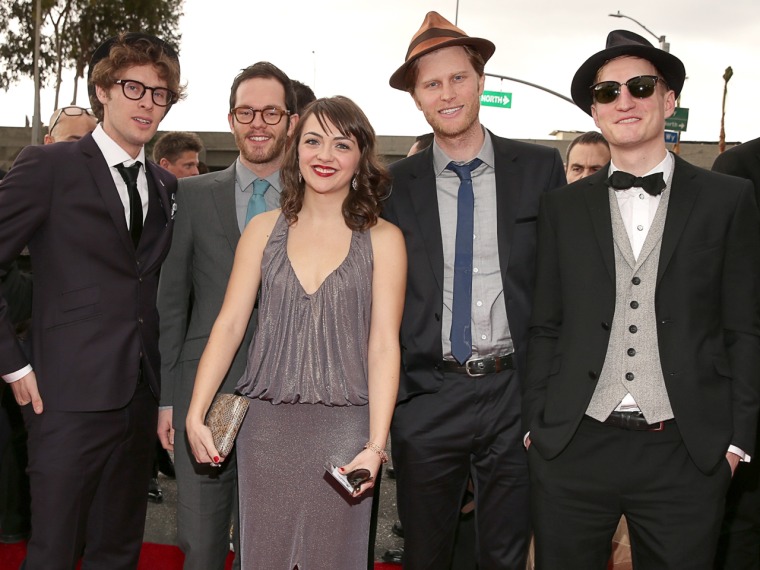 Hats off to the Lumineers: Stelth Ulvang, Neyla Pekarek, Jeremiah Fraites, Wesley Schultz, and Ben Wahamaki hit the red carpet.