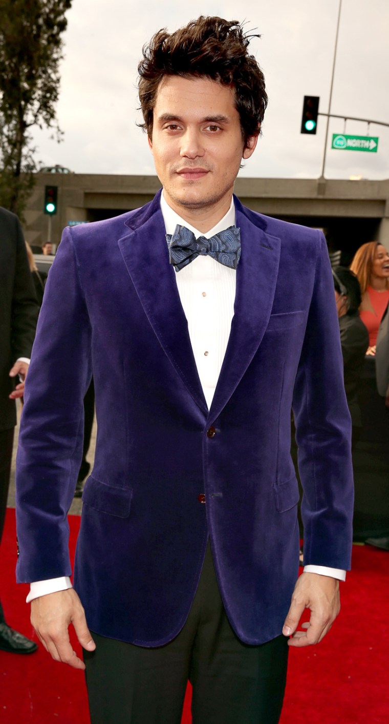 He wore blue velvet: John Mayer arrives at the Grammys.