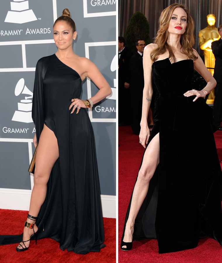 Jennifer Lopez struck a pose at the Grammys on Feb. 10 that was reminiscent of Angelina Jolie's famous gam reveal at the 2012 Oscars.
