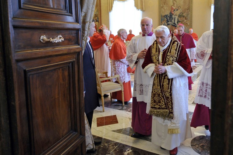 Pope Benedict XVI leaves a consistorio Feb. 11 at The Vatican after announcing that he will step aside.
