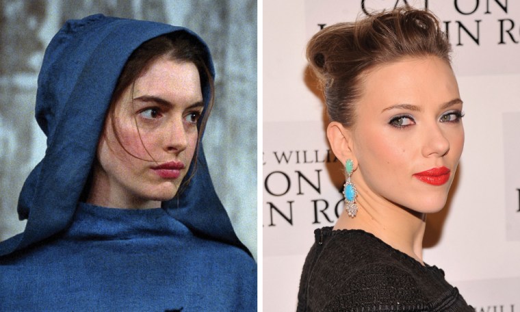 Anne Hathaway, left, as Fantine in \"Les Miserables,\" and Scarlett Johansson.