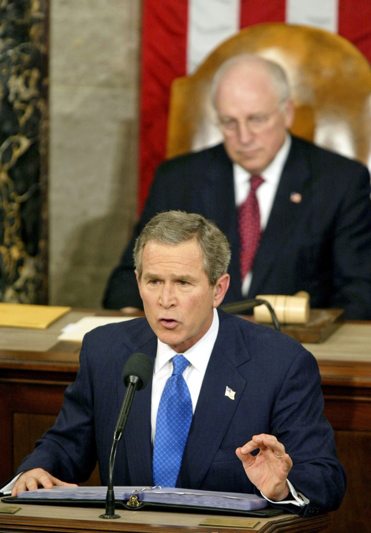 President George W. Bush delivers his State of the Union speech in 2003 as Vice President Dick Cheney looks on.