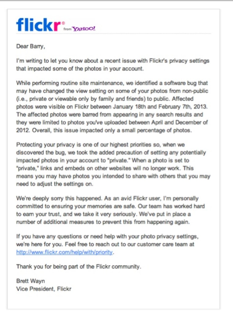 Copy of email sent to Flickr users.