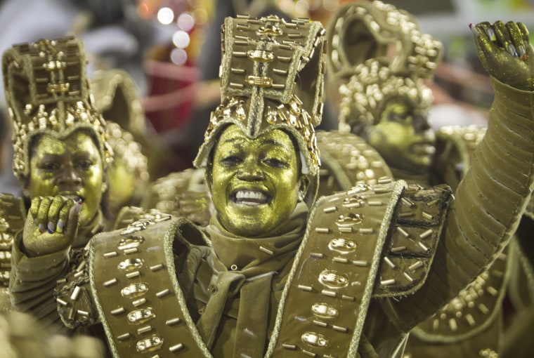 Members of the Beija Flor Samba School perform during Carnival at the Sambodrome on Feb. 12, in Rio de Janeiro, Brazil.