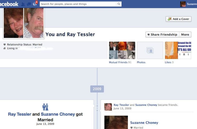 My Facebook \"couples\" page, which shows my husband and I becoming \"friends\" and getting married on the same day.