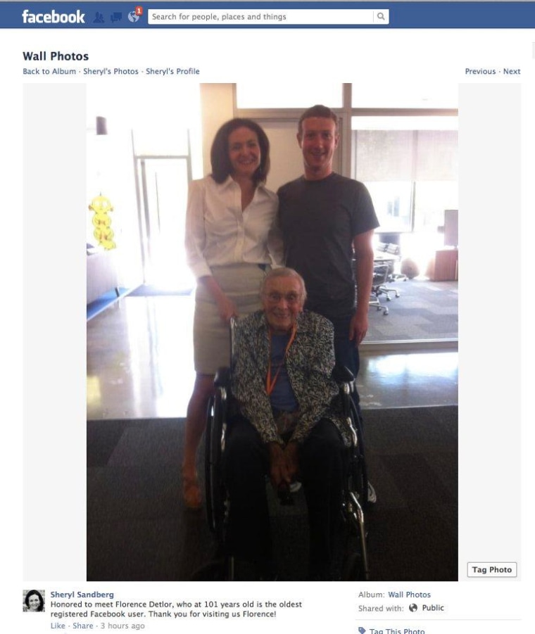 Facebook COO Sheryl Sandberg posted a photo of Florence Detlor, Facebook's oldest registered user, on Monday.