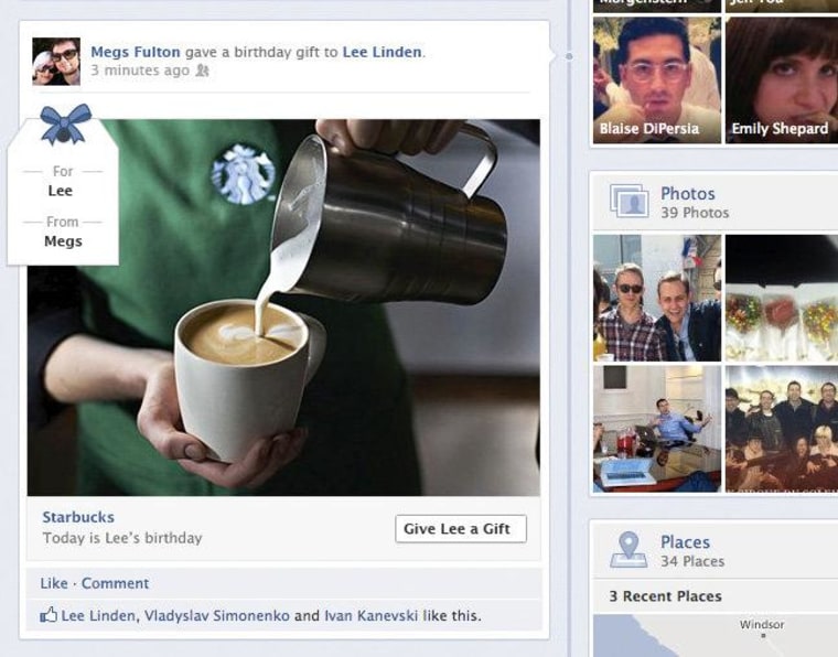 Lee Linden's Facebook Timeline shows an example of how a gift shows up on Timeline.