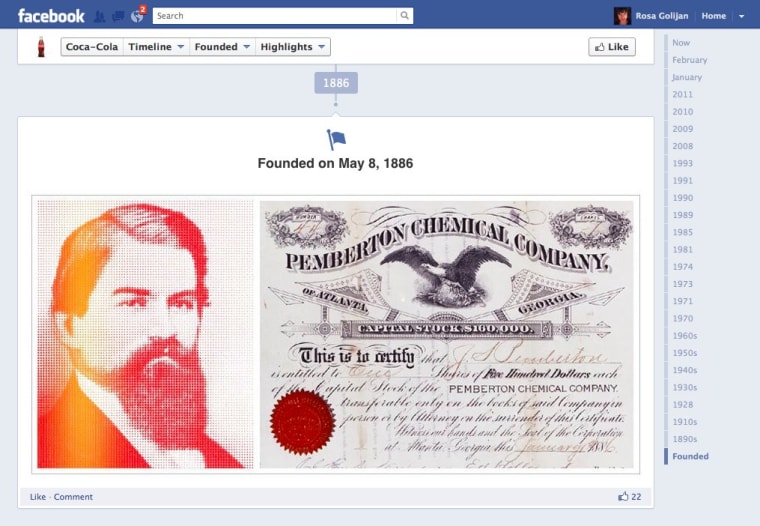 Coca Cola and other brands are using their new Facebook Timelines to showcase major events in their respective histories.