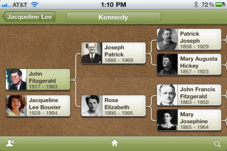 You can view your family tree on the go using Ancestry.com's mobile app, which shows an example of that with the Kennedy family tree in this screenshot.