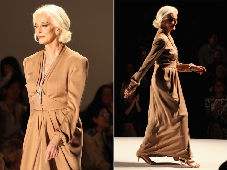 This senior citizen isn't slowing down: Model Carmen Dell'Orefice walks the runway at the Norisol Ferrari Spring 2013 fashion show during Mercedes-Benz Fashion Week on Sept. 10.