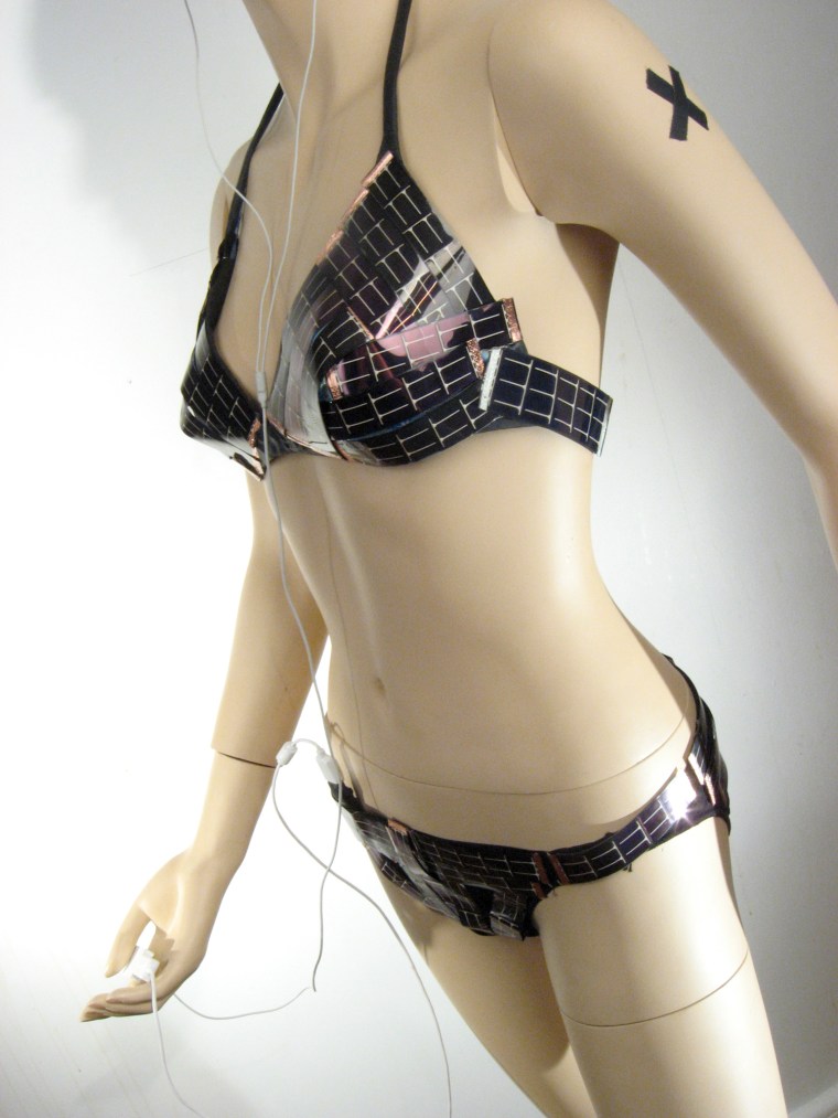 The solar bikini hosts 40 small photo-voltaic cells stitched together in a very specific pattern.