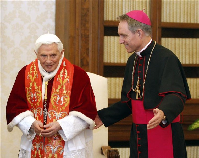 Pope Benedict XVI and his personal secretary Georg Gaenswein leave after meeting Guatemala's President Otto Perez Molina (not pictured), during a priv...