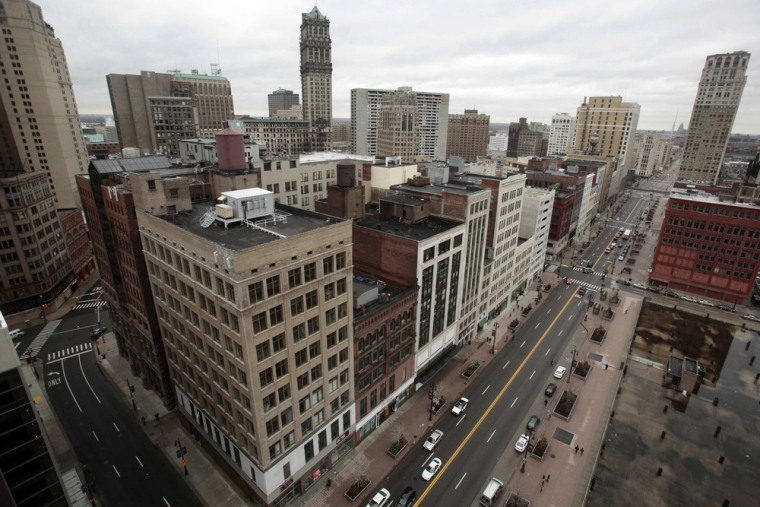 A view of downtown Detroit is seen looking north along Woodward Avenue in Detroit, Mich., Jan. 30, 2013.