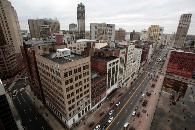 A view of downtown Detroit is seen looking north along Woodward Avenue in Detroit, Michigan January 30, 2013.