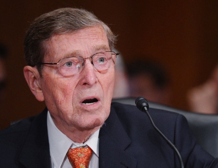 Former Senator Pete Domenici, R-N.M., introduces former White House chief of staff Jack Lew during the Senate Finance Committee hearing on Lew's nomination to be Treasury Secretary on Feb. 13.