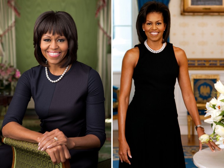 The first lady's new portrait features a more conservative look than her last one, pictured on the right.