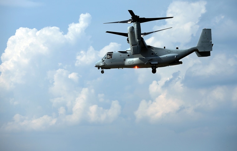 A V-22 Osprey lands at the Pentagon following a meeting between U.S. Secretary of Defense Leon Panetta and Japanese Minister of Defense Satoshi Morimoto August 3, 2012 in Arlington, Virginia.