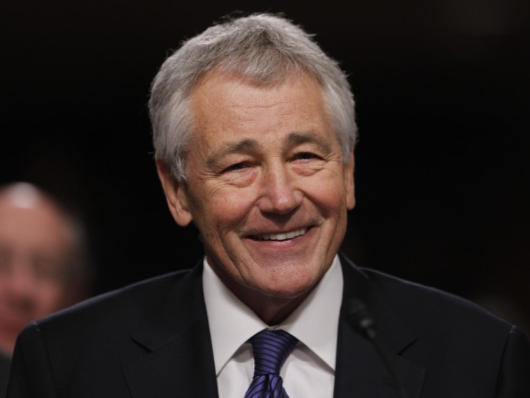 Former U.S. Senator Chuck Hagel, shown here testifying, during a Senate Armed Services Committee hearing on his nomination to be Defense Secretary. A reporter says a joke he made sparked a false rumor that Hagel accepted speech money from a group called Friends of Hamas.