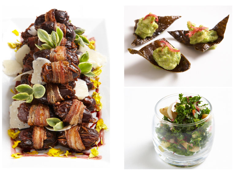 From left: bacon-wrapped dates, edamame guacamole and kale and artichoke salad.