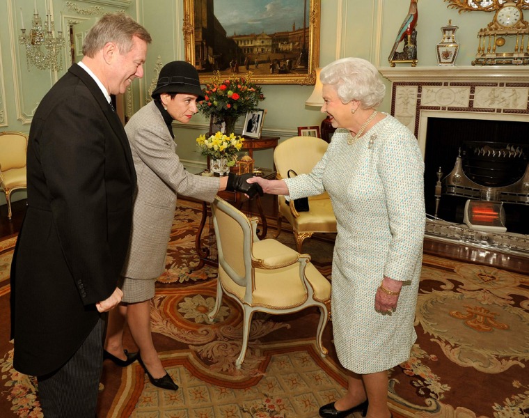 The space heater is seen behind Queen Elizabeth as she greets the High Commissioner of Australia Mike Rann (L) and his wife Sasha at Buckingham Palace on Thursday.