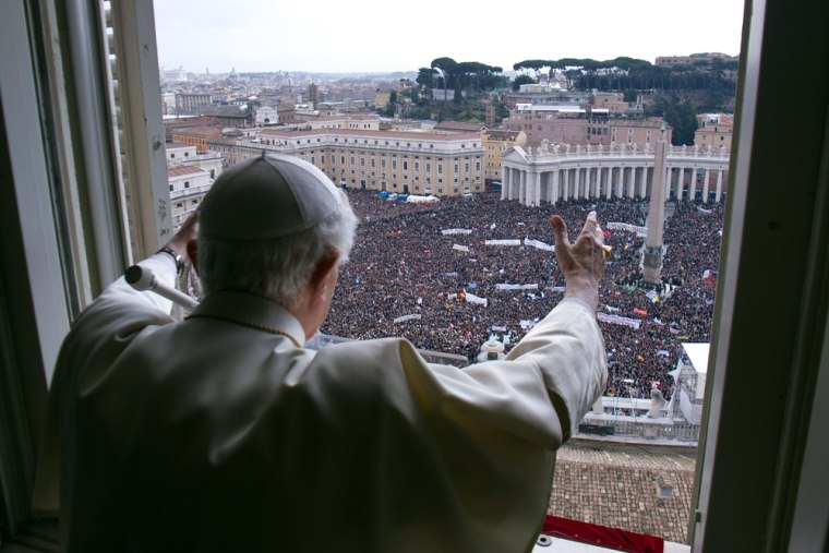 Pope Benedict XVI's leads the Angelus prayer from the window of his apartments on Sunday in the Vatican. The pontiff celebrates his last Angelus prayer at the end of a week-long spiritual retreat, ahead of his resignation on Thursday.