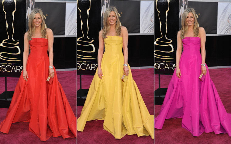 Jennifer Aniston's Valentino gown imagined in red (original), fuschia and yellow.