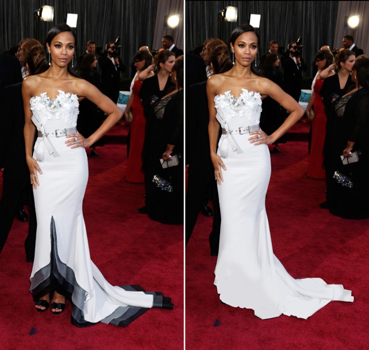 Zoe Saldana in her Oscar dress (left) and in an all-white version of the gown.
