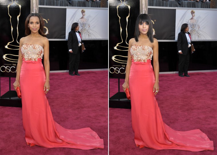 Kerry Washington in the sleek bangs she wore to the Golden Globes (right) and at the Oscars with subtle waves.