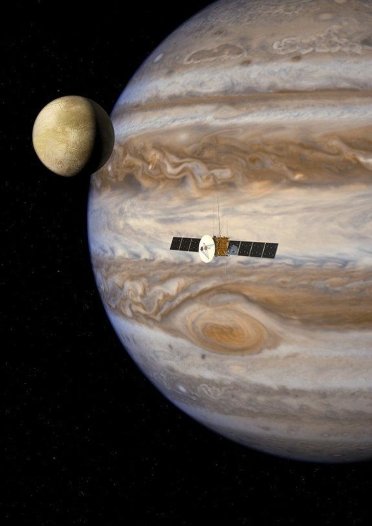 An artist's illustration of the JUpiter ICy moons Explorer spacecraft in the Jovian system. The mission will launch in 2022 and arrive at Jupiter in 2030 to study the planet and its largest moons.
