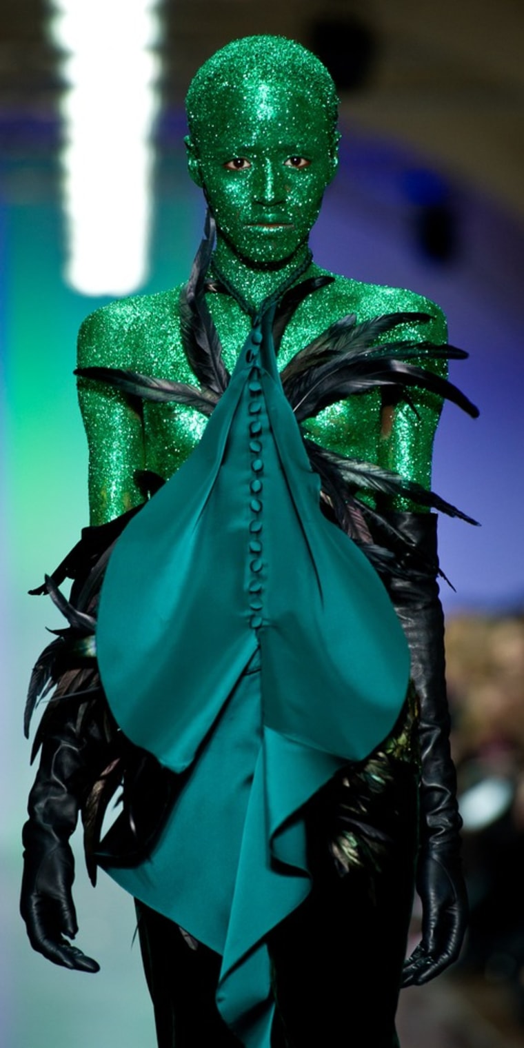 Take us to your leader: A green-covered model looks quite the comic-book villain at the the Fyodor Golan show on Feb. 17.
