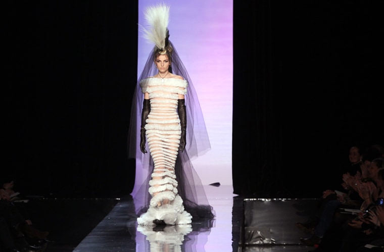 Here comes the bride: Andrej Pejic wears a theatrical wedding dress at the Jean Paul Gaultier Spring-Summer 2011 Haute Couture Collection Show on Jan. 26, 2011.
