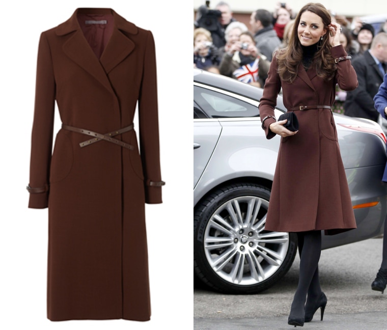Catherine, Duchess of Cambridge wore a brown wool coat from British retailer Hobbs on a visit to the northern city of Liverpool. The coat is currently sold out on the brand's website, but more stock is due in later this week.