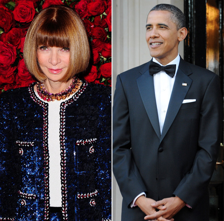 Quite a pairing: Vogue fashion editor Anna Wintour arrives at the Museum Of Modern Art in New York on Nov. 15; President Barack Obama waits to greet Queen Elizabeth II at the Winfield House in London on May 25.