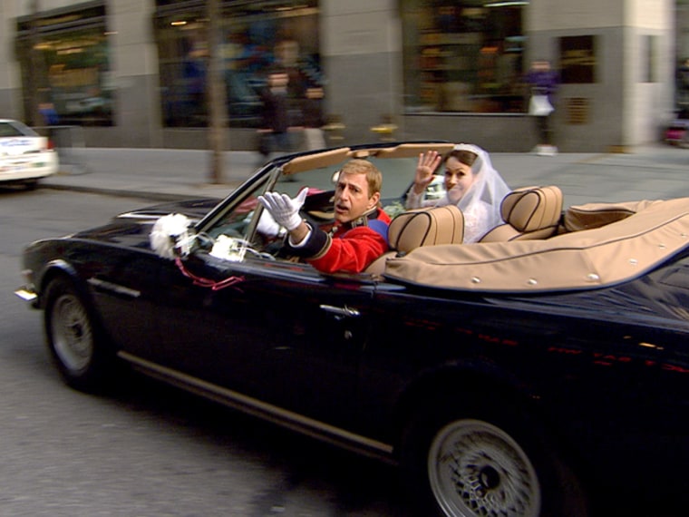 Matt as Prince Harry and Ann as Duchess Kate drive off after their faux wedding.