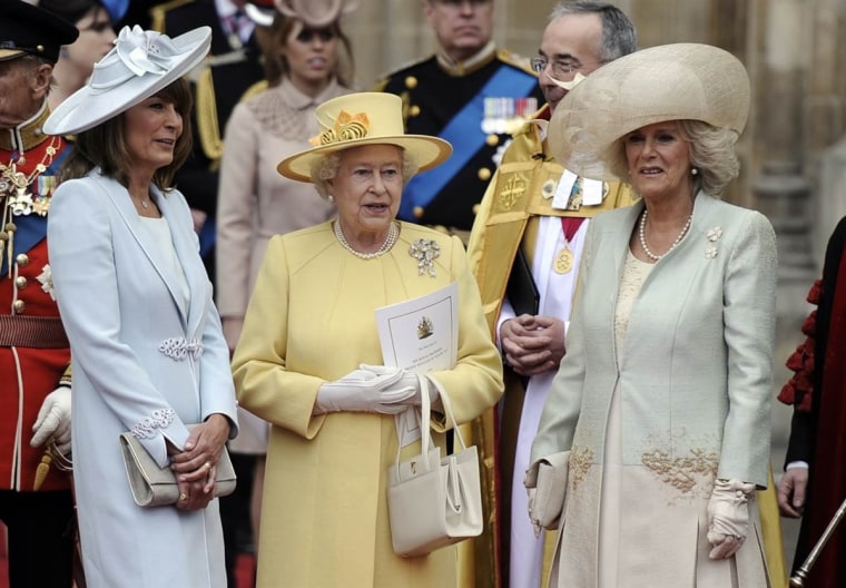 Britain's Queen Elizabeth II with Carole Middleton, left, and Camilla, Duchess of Cornwall after the royal wedding.