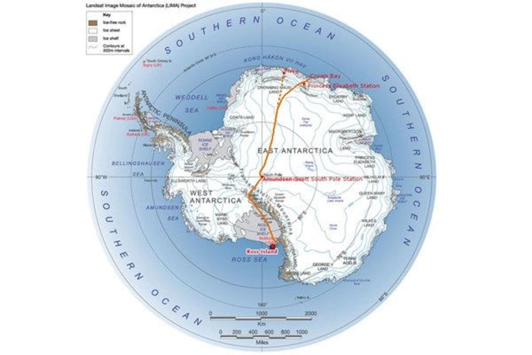 A map of the route that British explorer Sir Ranulph Fiennes and his team were hoping to take across Antarctica.