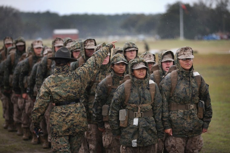 Female Marine recruits march during boot camp.