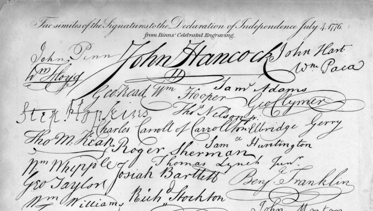 4th July 1776: The signatures on the Declaration of Independence, a document in which American colonists proclaimed their political separation from British rule. (Photo by Hulton Archive/Getty Images)