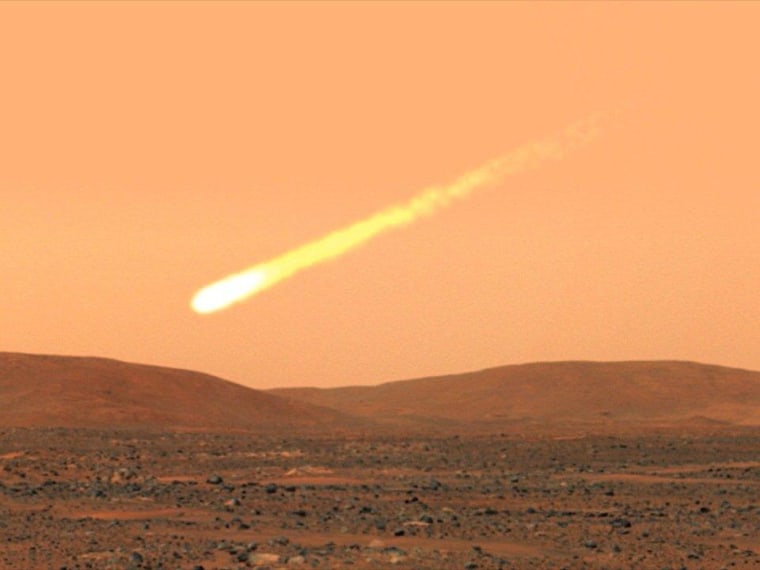 An artist's conception shows a comet streaking through Martian skies.