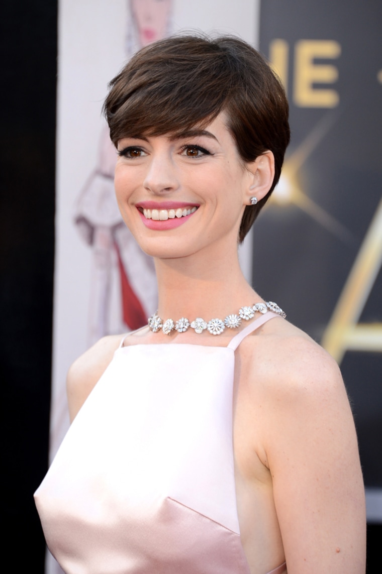 Winning look: Actress Anne Hathaway arrives at the Oscars red carpet on Feb. 24.