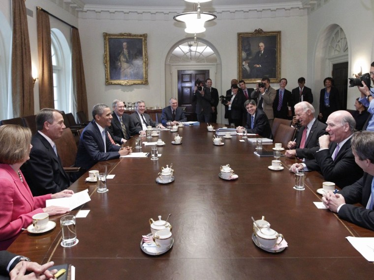 President Barack Obama meets with Congressional leaders regarding the debt ceiling, Wednesday, July 13, 2011, in the Cabinet Room at the White House in Washington.