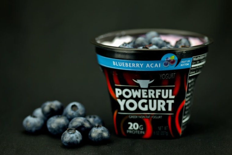 The new Powerful brand Greek yogurt for men comes in several flavors including plain, mango, banana, strawberry, apple-cinnamon and blueberry-acai.