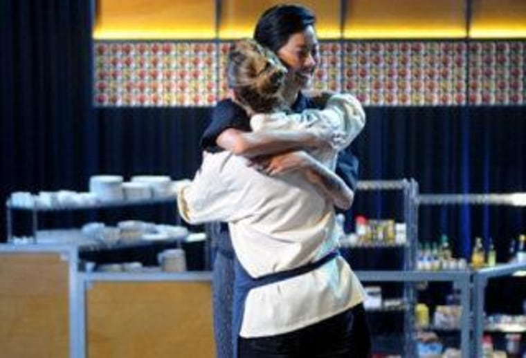 Top Chef Kristen gets a hug from competitor Brooke.