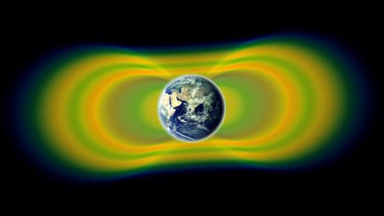 Two giant swaths of radiation, known as the Van Allen Belts, surrounding Earth were discovered in 1958. In 2012, observations from the Van Allen Probes showed that a third belt can sometimes appear. The radiation is shown here in yellow, with green representing the spaces between the belts.