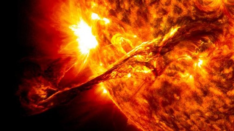 Last August 31, a giant prominence on the sun erupted, sending out particles and a shock wave that traveled near Earth. This event may have been a cause of a third radiation belt that appeared around Earth days later, a phenomenon that was observed for the first time by the newly launched Van Allen Probes. This image of the prominence before it erupted was captured by NASA's Solar Dynamics Observatory.