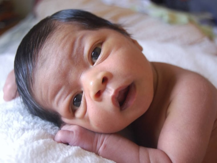 Kai, born Jan. 5. Mom says: \"He sometimes squeals like a pig when he's really hungry! It has startled me a few times!\"