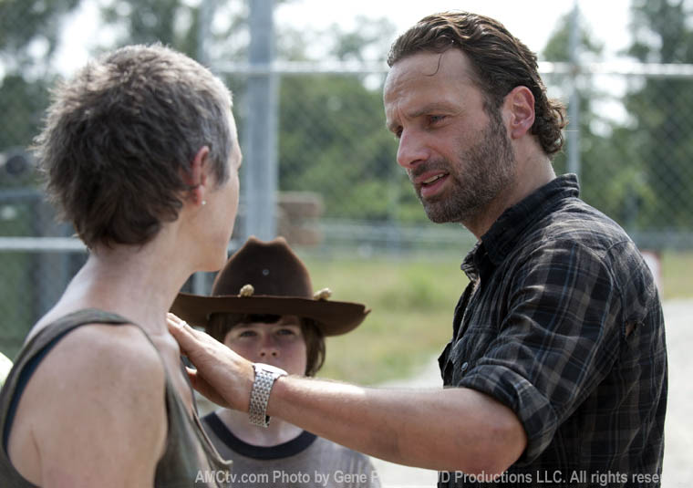 Carol (Melissa McBride), Carl (Chandler Riggs) and Rick (Andrew Lincoln) take a breather on \"The Walking Dead.\"