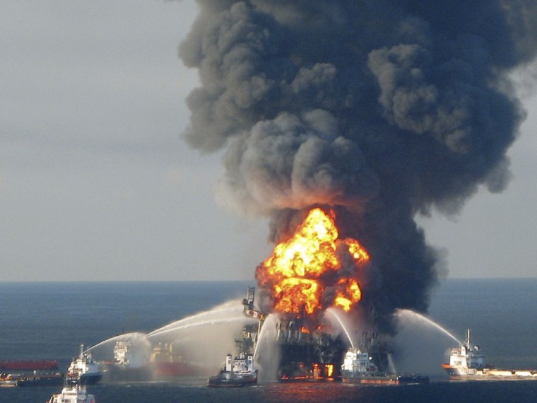 Fire boats battle the blazing remnants of the oil rig Deepwater Horizon off Louisiana on April 21, 2010.