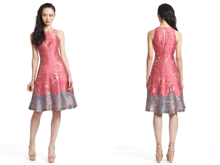 Tracy Reese Pink Wallpaper Combo Frock features a fit and flare silhouette complete with a multi-colored hemline.